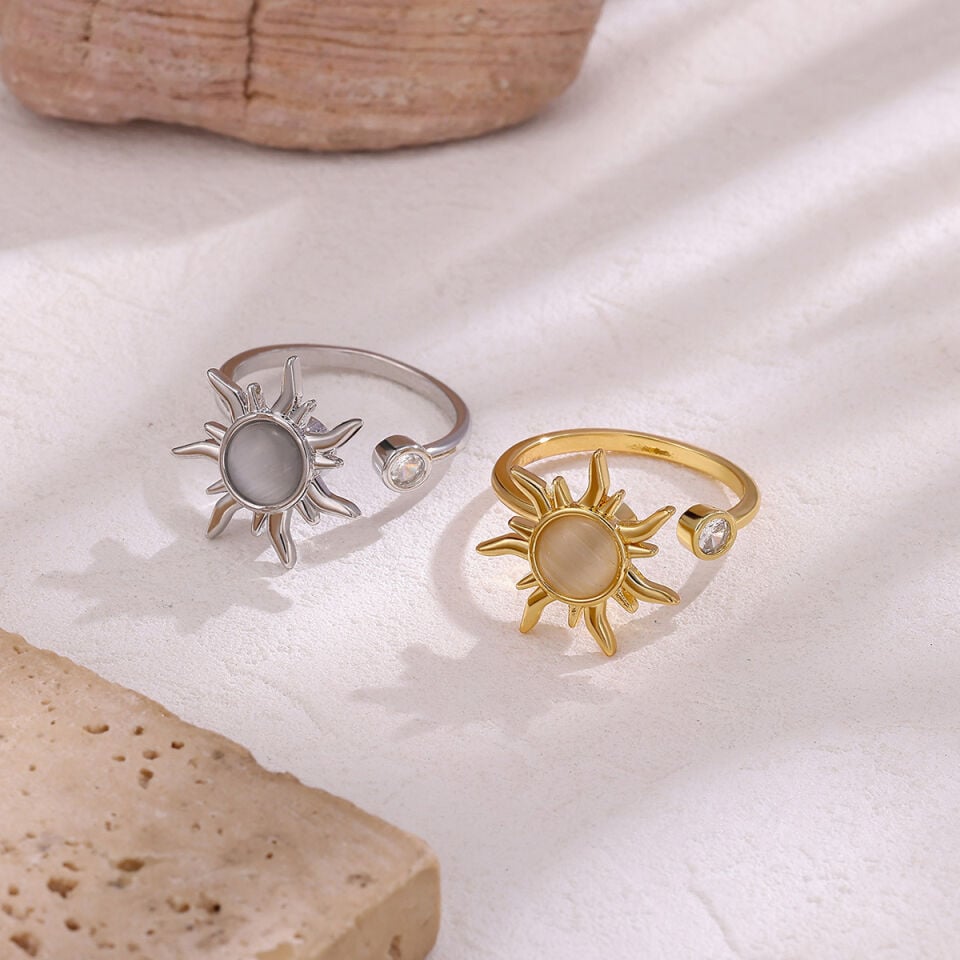 Anti Stres Döner Güneş Figürlü Çelik Yüzük | 18K Altın Kaplama Ayarlanabilir Spinner Yüzük
