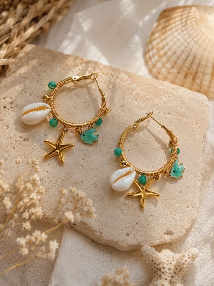 Deniz Temalı Halka Küpe | Turkuaz Charm Detaylı Paslanmaz Çelik Gold Halka Küpe