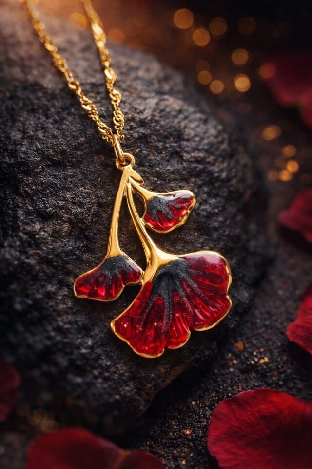 Ginkgo Çiçek Kolye | Kırmızı Charm Detaylı Gold Zincir Kolye
