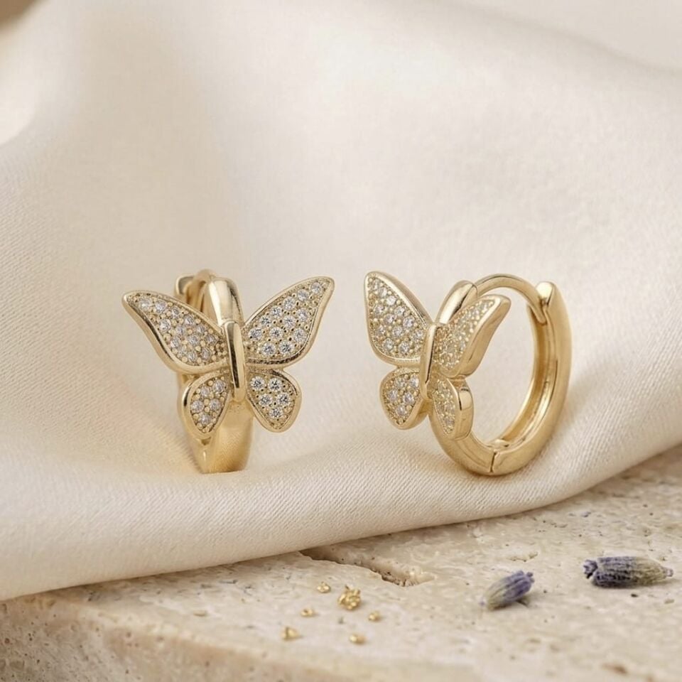 Kelebek Halka Küpe | 14K Altın Kaplama Zirkon Taşlı Gold Küpe