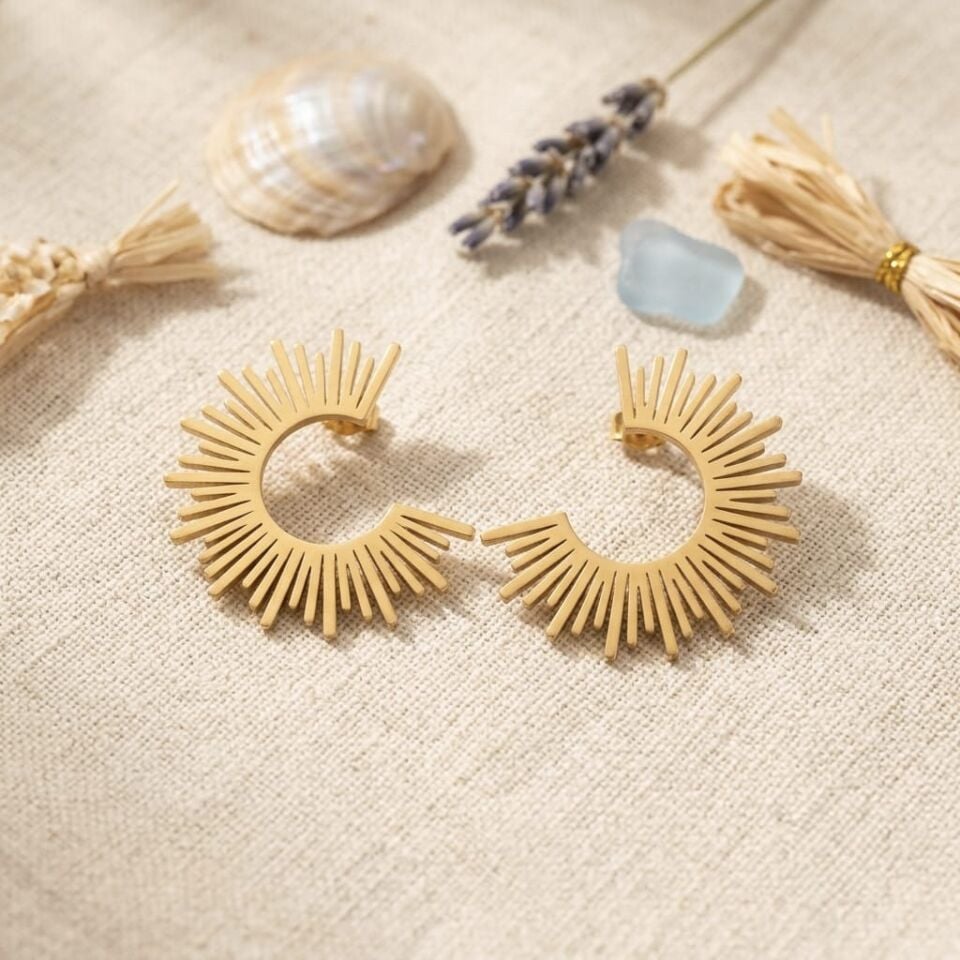 Güneş Figürlü Küpe | 316L Paslanmaz Çelik Gold Yarım Daire Küpe