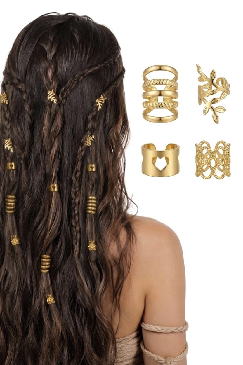 Vintage Örgü Saç Yüzüğü Yaprak ve Spiral Model Gold Toka Seti (20 Adet) | Bohem Saç Aksesuarı
