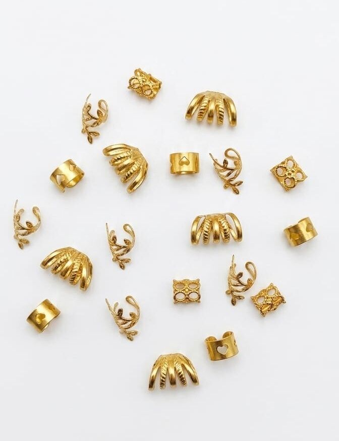 Vintage Örgü Saç Yüzüğü Yaprak ve Spiral Model Gold Toka Seti (20 Adet) | Bohem Saç Aksesuarı