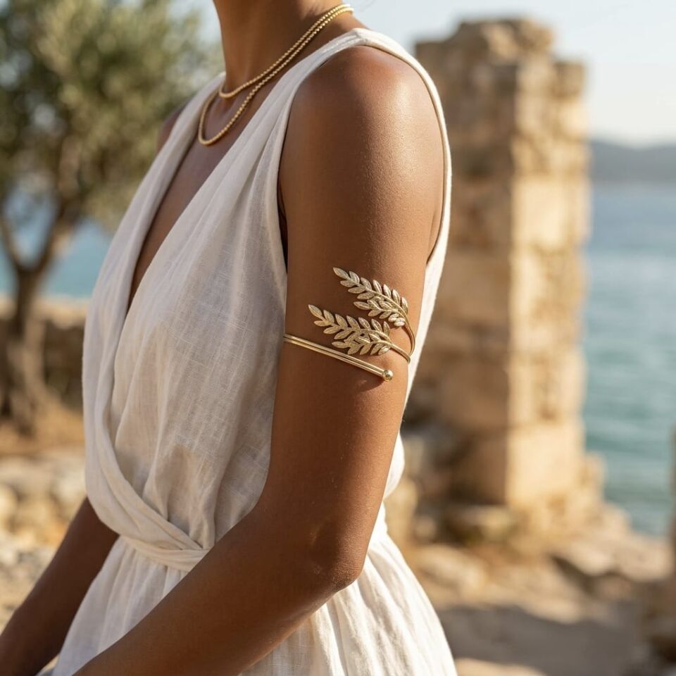 Altın Kaplama Yaprak Kol Aksesuarı | Ayarlanabilir Yaprak Desenli Kadın Arm Cuff