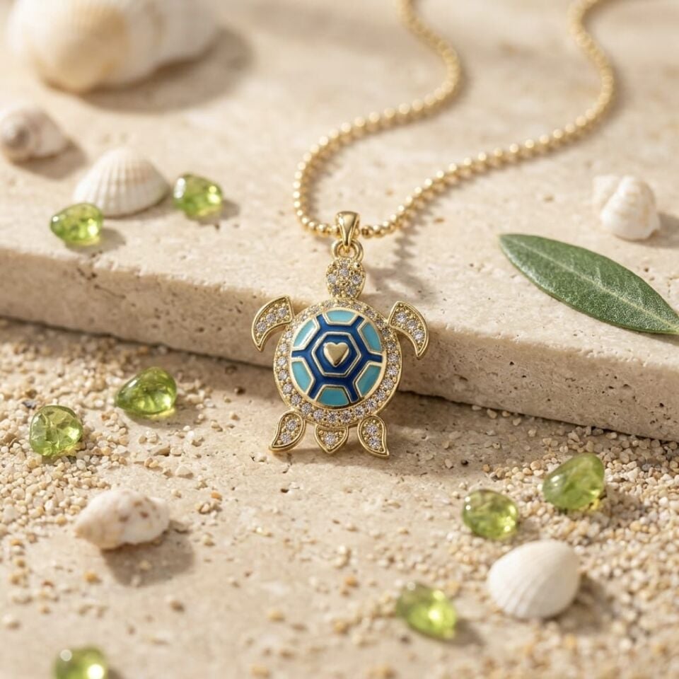 Zirkon Taşlı Kaplumbağa Charm Kolye | 14K Altın Kaplama