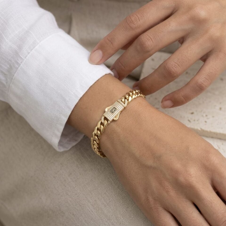 Taşlı Kilit Detaylı Gurmet Zincir Bileklik  | 14K Altın Kaplama