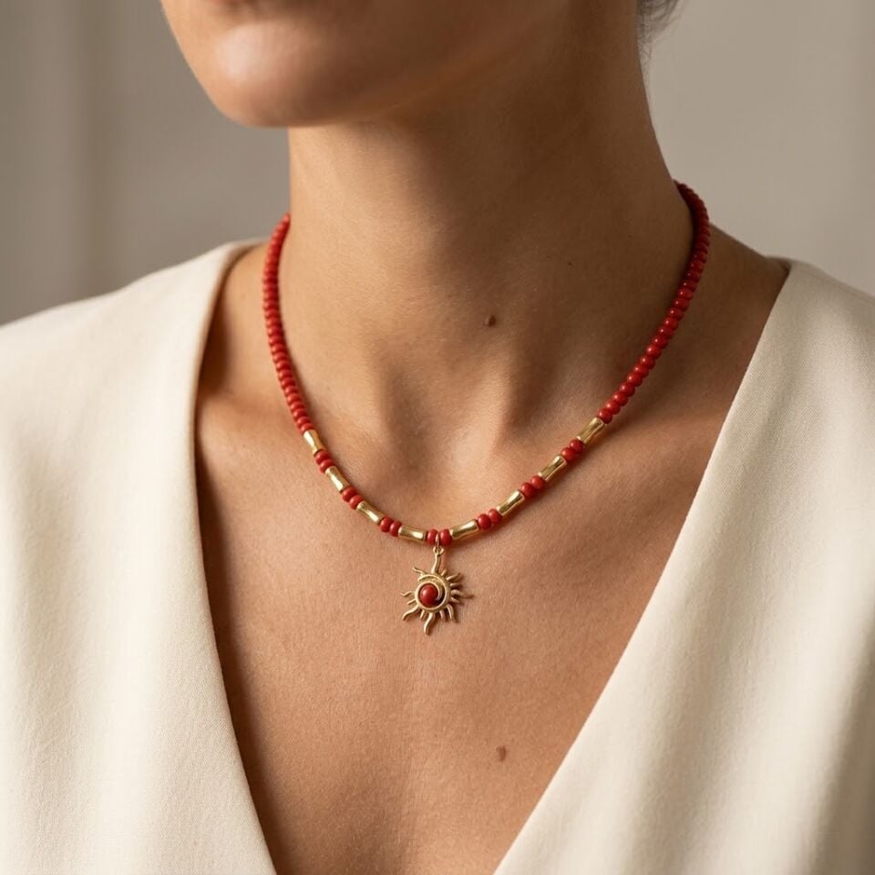 Kırmızı Mercan Kolye | Güneş Charm